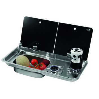 Combiné réchaud 2 feux + évier rectangle avec couvercle