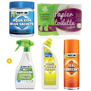 Aqua-Kem + Papier toilette +  Nettoyant salle de bains  + Nettoyant pour cuvette de toilettes +  Spray lubrifiant