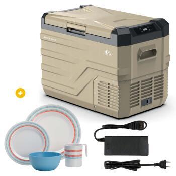 Glacière à compression Blizz-E One - 35 litres beige / noire +  Adaptateur 12V / 220V+  Pack de vaisselle en mélamine