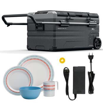 Glacière à compression Blizz-E Flex - 73 litres +  Adaptateur 12V / 220V+  Pack de vaisselle en mélamine