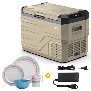 Glacière à compression Blizz-E One 35 litres noire / grise +  Adaptateur 12V / 220V+  Pack de vaisselle en mélamine