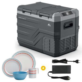 Glacière à compression Blizz-E Flex 38 litres +  Adaptateur 12V / 220V+  Pack de vaisselle en mélamine