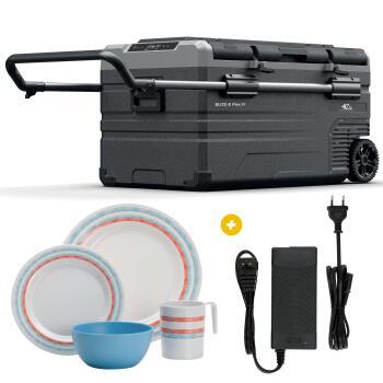 Glacière à compression Blizz-E Flex - 91 litres +  Adaptateur 12V / 220V+  Pack de vaisselle en mélamine