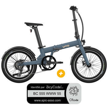Pack Vélo à assistance électrique pliant OG20 : Coloris bleu ocean + Marquage Bicycode