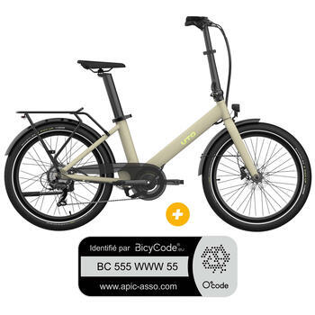 Pack Vélo à assistance électrique pliant OG24 : Coloris sable mat + Marquage Bicycode