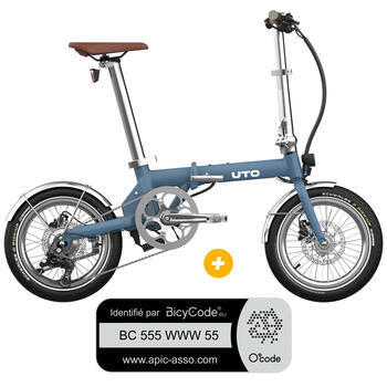 Pack Vélo à assistance électrique pliant OG16 : Coloris bleu satin + Marquage Bicycode
