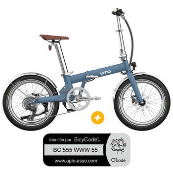 Pack Vélo à assistance électrique pliant OG20 : Coloris bleu satin + Marquage Bicycode