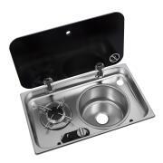 Réchaud à gaz 1 feu encastrable avec couvercle en acier inoxydable : + évier à droite 526 ×326